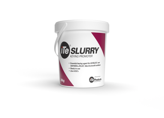 iTeSLURRY® is a vital bonding agent for applying LEVELiTe® over VAPORiTe® or onto ceramic tiles, epoxy coatings, and smooth surfaces. This pre-mixed single-component mixture is designed to enhance bonding between LEVELiTe® and very smooth substrates, creating an improved key.